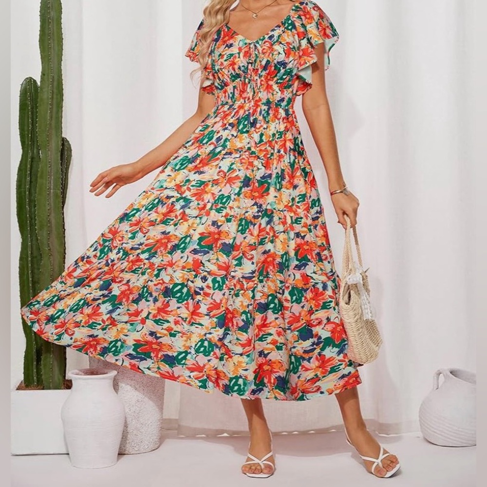 GRACE KARIN Floral Summer V-Neck Empire Waist Maxi Dress